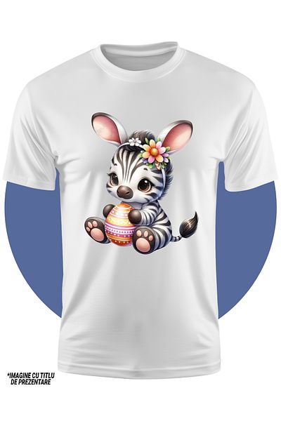 StoryGift Romania Tricou Copii Cu Un Pui De Zebra Care Are Un Ou Vopsit, Ilustratie, Flori, Urechi De Iepura