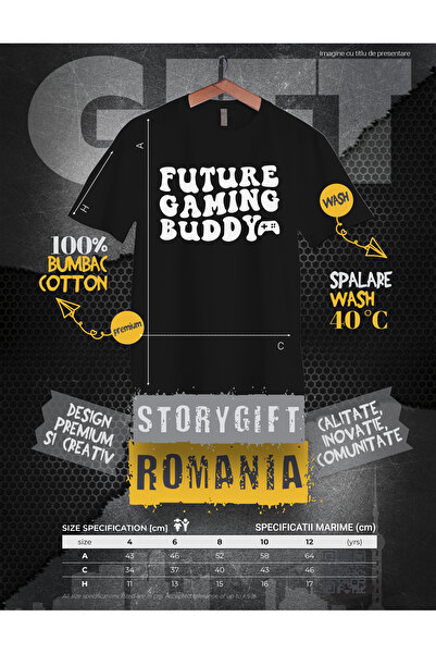StoryGift Romania Tricou Copii cu un controller si textul "Future gaming buddy" - amic viitor pentru gaming