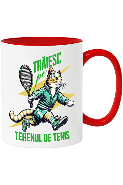 StoryGift Romania Cana Pisica sportiva jucand tenis sport, 330ml, Ceramic cu ...