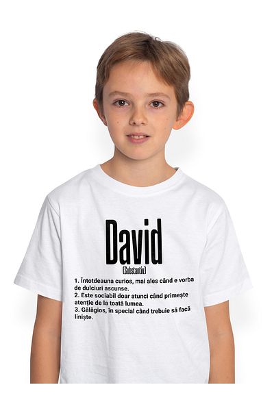 StoryGift Romania Tricou Copii Baieti Cu Numele David, Cu Mesaj Amuzant, Curios, Sociabil, Galagios 100% Bum