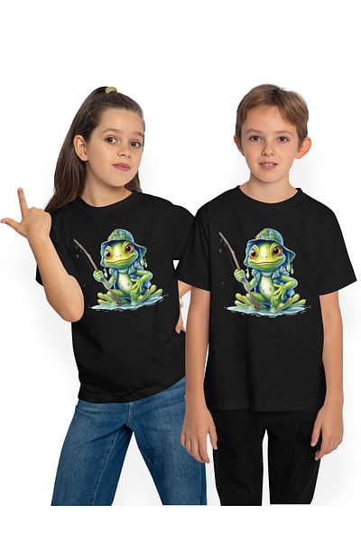 StoryGift Romania Children's T-shirt with a green frog, illustration, cheerful, holding a stick, fishing rod, water, puddle, shovel