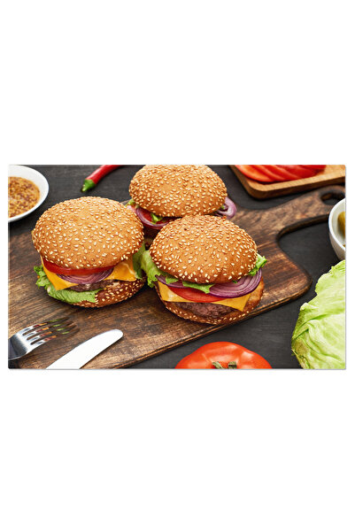StoryGift Romania Tablou Canvas Burgeri Proaspeti Si Gustosi Cu Branza, Asezati Pe O Placa De Lemn, Gata De A Fi