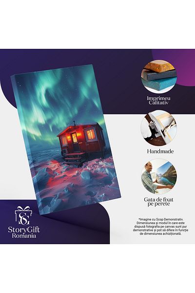 StoryGift Romania Tablou Canvas: Căbănuță Încălzită În Mijlocul Zăpezilor - Aurora Boreală Ce Pictează Fundalul