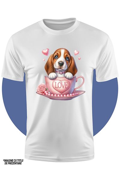 StoryGift Romania Children's T-shirt with a puppy with long ears, illustration, sits in a cup, happiness, shy,