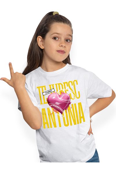 StoryGift Romania Tricou Copii Fete Te Iubesc Antonia, Dragoste, Inima, Iubire, Sfantul Valentin, Dragobete,