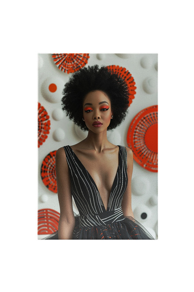 StoryGift Romania Tablou Canvas: Coafură Stil Afro Și Machiaj Elegant Pe O Femeie- Frumsețe În Roșu, Negru Și Al