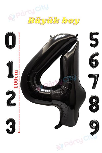 Party City Folyo Balon 4 Rakamı Siyah 40"inç 100cm Büyük Boy Balon Yaş Balonu