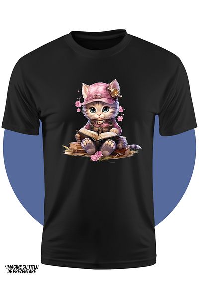 StoryGift Romania Tricou Copii Cu O Pisicuta Care Tine O Carte Deschisa, Studiaza, Sapca, Lectura, Invata, P