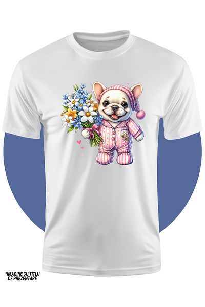 StoryGift Romania Tricou Copii Cu Un Catelus Vesel Care Tine Un Buchet Cu Flori, Cadou, Ilustratie, Dar Pent