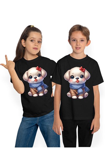 StoryGift Romania Tricou Copii Cu Un Catelus Care Da Un Pupic, Ilustratie, Fular, Imbracat Gros, Frig, Iarna