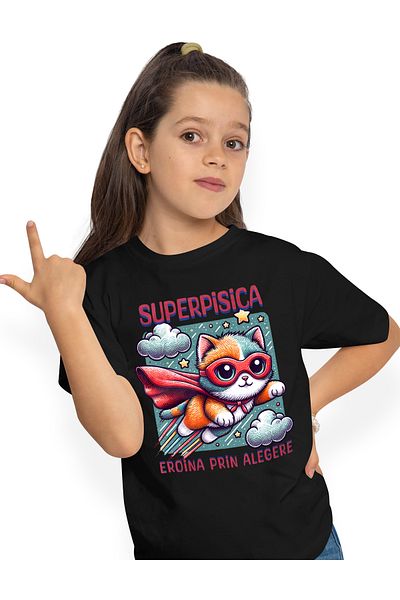 StoryGift Romania Tricou Copii Fete Super Pisica, Supererou, Eroina Prin Alegere 100% Bumbac, Unisex, Negru,