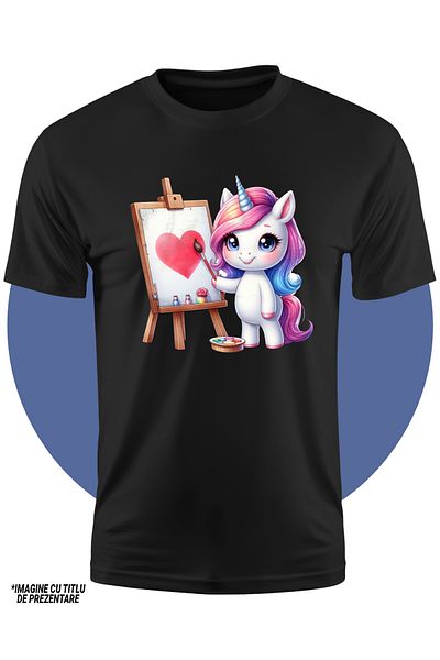 StoryGift Romania Kids T-shirt with a unicorn painting a heart, blushing, love, brush, watercolors, a