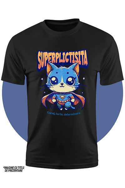 StoryGift Romania Tricou Copii Fete Super Plictisita, Supererou, Pisica Zburand 100% Bumbac, Unisex, Negru,