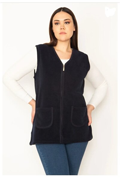 anne moda ankara Fleece Wide Fit V-Neck Zippered Vest