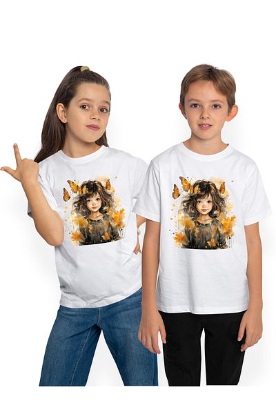 StoryGift Romania Children's T-Shirt With A Cute Little Girl, Illustration, Black Hair, Orange Butterflies, Autumn, P