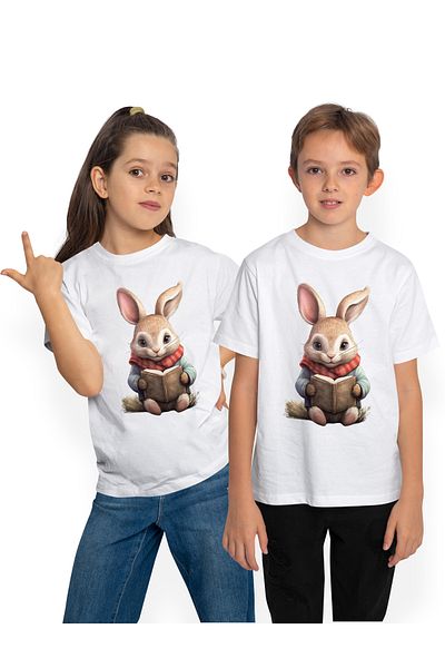 StoryGift Romania Tricou Copii Cu Un Iepuras Care Tine O Carte Deschisa, Ilustratie, Imbracat Gros, Fular, F