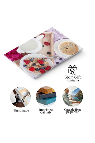 StoryGift Romania Tablou Canvas - Mic dejun de dimineață în stil blogger, granola și cafea, vedere proaspătă din dormitor
