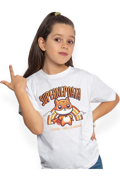 StoryGift Romania Tricou Copii Fete Super Nepoata - SuperErou, Curaj si Determinare 100% Bumbac, Unisex, Alb