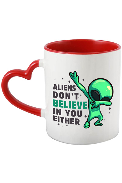 StoryGift Romania Cana cu un extraterestru verde cu mesajul "Aliens don't bel...