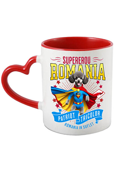 StoryGift Romania Mug with Poodle / Poodle Dog in Captain Romania Costume with Cape, Hero of the Night, with Heart Handle STG