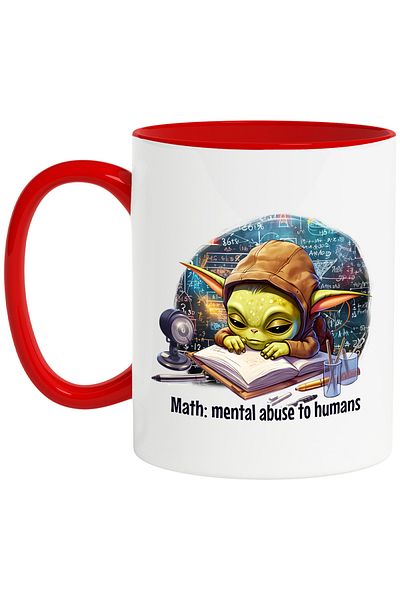 StoryGift Romania Cana cu un extraterestru verde care studiaza | ilustratie | matematica | somnoro, Cu Maner Rosu STG