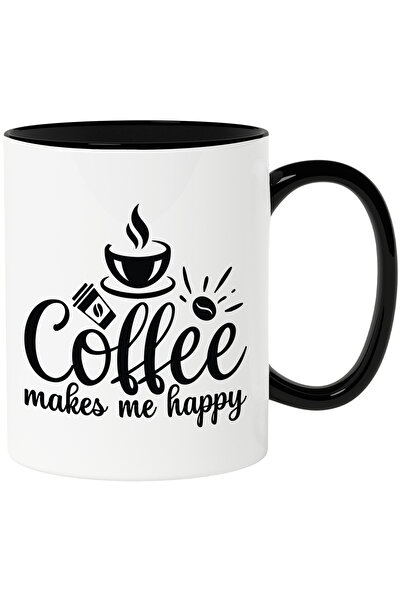 StoryGift Romania Cana cu mesajul "Coffee makes me happy" - cafeaua ma face fericit cu Maner Negru, Cu Maner Negru STG