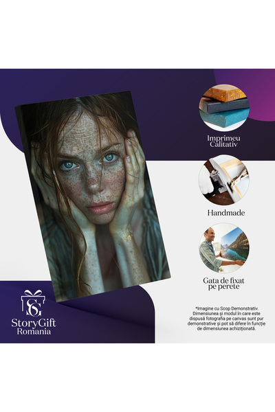 StoryGift Romania Tablou Canvas: Pistruii Fermecatori Fata Cu Pistrui Pe Chip Si Maini Cu Ochii Albastri Si Par