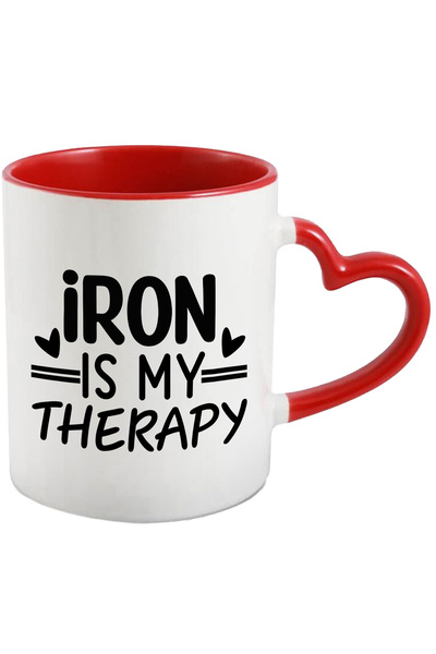 StoryGift Romania Cana cu inimioare si textul "Fierul e terapia mea" cu Maner Inima Rosie, Cu Maner Inima Rosie STG
