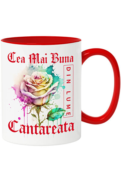StoryGift Romania Cana Cu Textul Cea Mai Buna Cantareata, Din Lume, Floare, Trandafir Colorat, Wat, Cu Maner Rosu STG