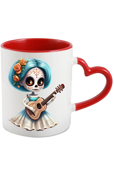 StoryGift Romania Cana cu o fata draguta care canta la chitara | Mexic | ilustratie | flori | roch, Cu Maner Inim STG