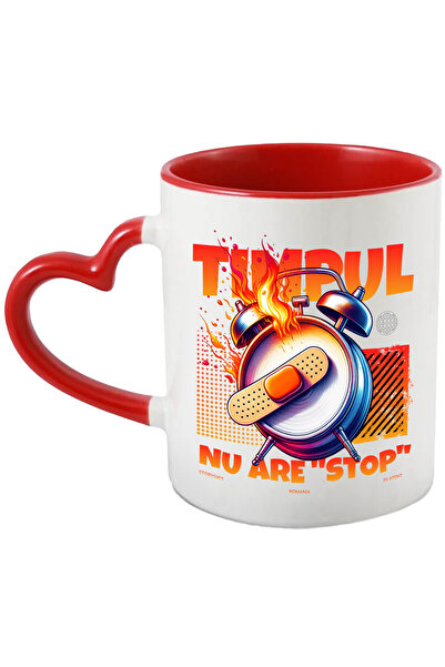 StoryGift Romania Cana Timpul nu are stop ceas in flacari trecerea timpului, 330ml, Ceramica cu Ma, Cu Maner Inim STG