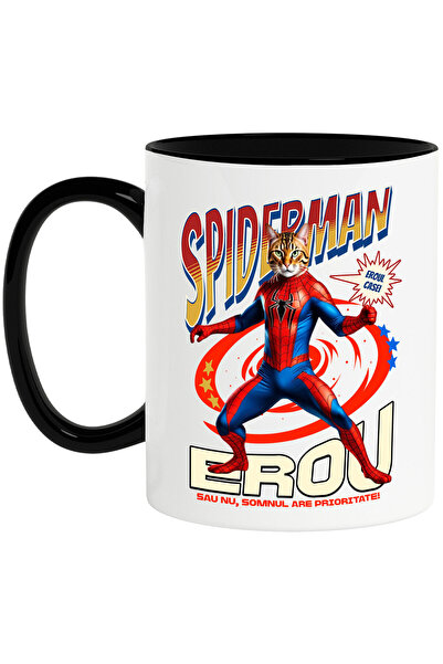 StoryGift Romania Cana cu Bengal Pisica In Costum de SpiderMan cu Pelerina, Erou Nocturn, Desene a, Cu Maner Negru STG