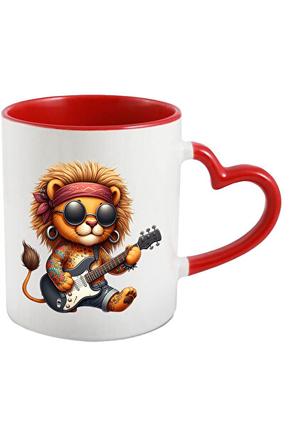 StoryGift Romania Cana cu un leu tatuat care canta la chitara | ilustratie | ochelari | melodie | , Cu Maner Inim STG