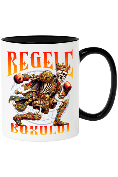 StoryGift Romania Cana Schelete cu mantie cu pietre jucand box rege, 330ml, Ceramica cu Maner Negr, Cu Maner Negru STG