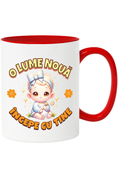 StoryGift Romania Cana cu Copil Bebe Fata Cu Funda Text O Lume Noua Incepe Cu Tine, Familie, Ceram, Cu Maner Rosu STG
