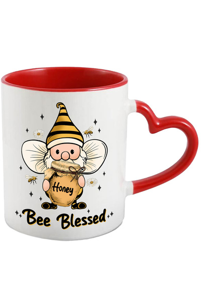 StoryGift Romania Cana cu un pitic costumat in albina tinand un borcan cu miere in brate cu mesaju, Cu Maner Inim STG