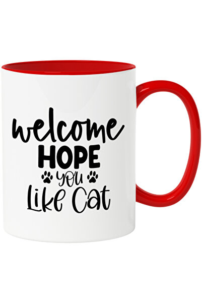 StoryGift Romania Cana pentru iubitorii de pisici cu mesajul "Bun-venit, sper ca iti place pisica", Cu Maner Rosu STG