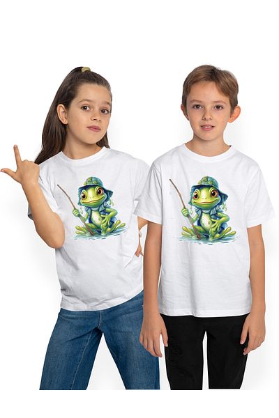 StoryGift Romania Children's T-shirt with a green frog, illustration, cheerful, holding a stick, fishing rod, water, puddle, shovel