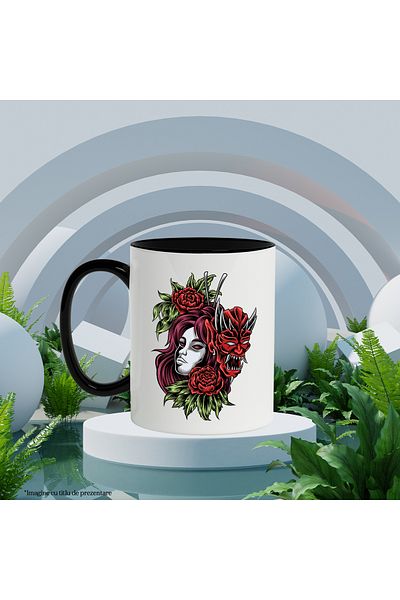 StoryGift Romania Monster Mug, Woman, Demon Head, Flowers, Leaves, Fantasy, Multicolor 330 ml, With