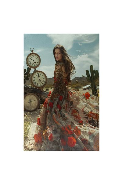 StoryGift Romania Tablou Canvas: Femeie În Rochie Lungă Și Vaporoasă În Deșert Și Ceasuri Decorative- Artă Și De