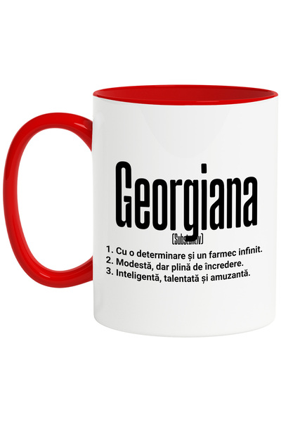 StoryGift Romania Cana Cu Numele Georgiana, si Mesaj Motivational, Determinare, Modesta, Inteligen, Cu Maner Rosu STG