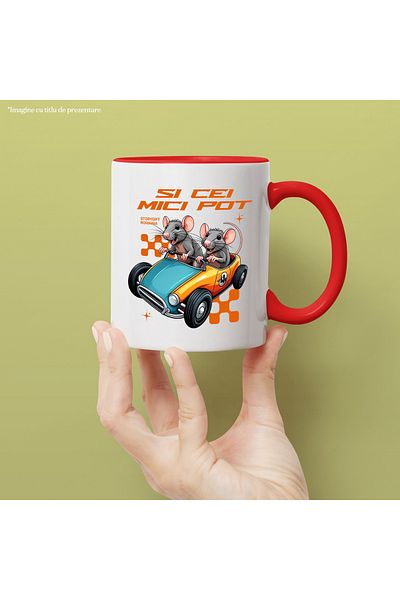 StoryGift Romania Cana cei mici pot soricei in masina de curse viteza , 330ml, Ceramic cu Maner R, Cu Maner Rosu STG
