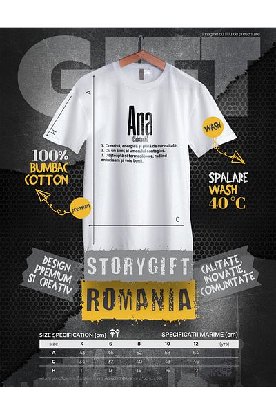 StoryGift Romania Tricou Copii Fete Cu Numele Ana, si Mesaj Motivational, Creativa, Desteapta, Curioasa, Amu