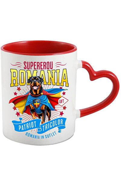StoryGift Romania Mug with Rottweiler Dog in Captain Romania Costume with Cape, Night Hero,, With Heart Handle STG