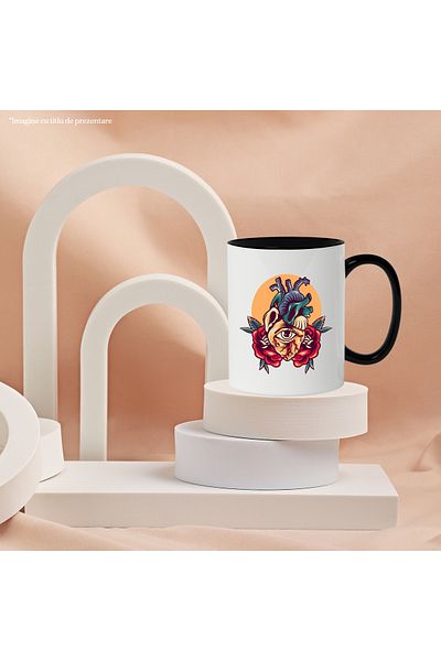 StoryGift Romania Mug With Heart, Eyes, Flowers, Leaves, Sun, Veins, Retro, Multicolor 330 ml, Ceram, With