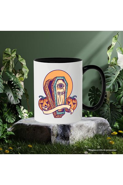 StoryGift Romania Halloween Mug: Coffin, Pumpkins, Sunset, Wood, Eyes, Ribbon, Multicolor 330 , With ,STG