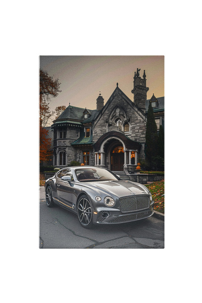 StoryGift Romania Tablou Canvas Bentley Masina Gri De Lux Cu Interiorul Negru Si Bordul Maro Langa O Cladire Mar