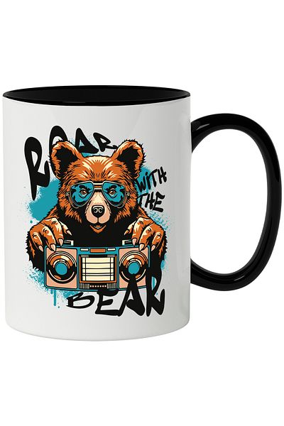 StoryGift Romania Mug With Message In English Roar With The Bear, bear, cassette player, music, multicolor, with black handle