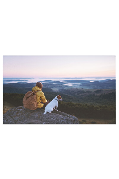 StoryGift Romania Tablou Canvas Turist Singur Asezandu-se Pe Marginea Stancii, Munte, Caine, Munti, Baiat, Peisaj