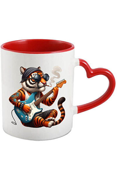 StoryGift Romania Cana cu un tigru tatuat care canta la chitara | ilustratie | fumeaza | ochelari , Cu Maner Inim STG